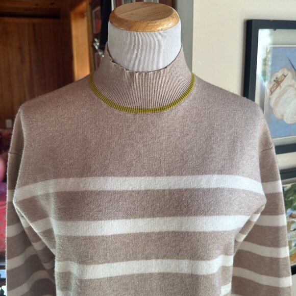 TAHARI - Beige and Cream Breton Nautical Stripe Mock Turtle Neck Sweater – - Picture 2 of 8